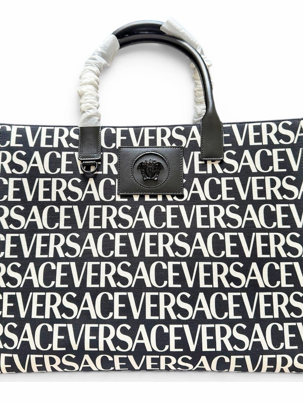 Versace La Medusa Logo Canvas Leather Large Tote Bag Black White NWT